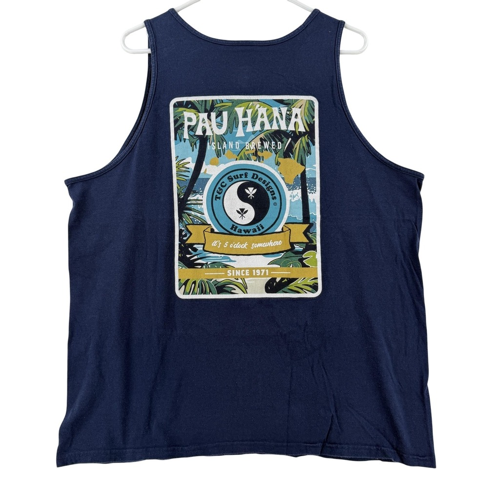 T&C Surf Designs Shirt Mens Medium Blue Pau Hana Tank Top Hawaii Graphic Surf
